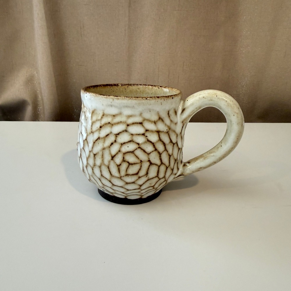 Artisan Studio Pottery Hand Carved Honeycomb Mug Cream Brown Glazed Stoneware‎